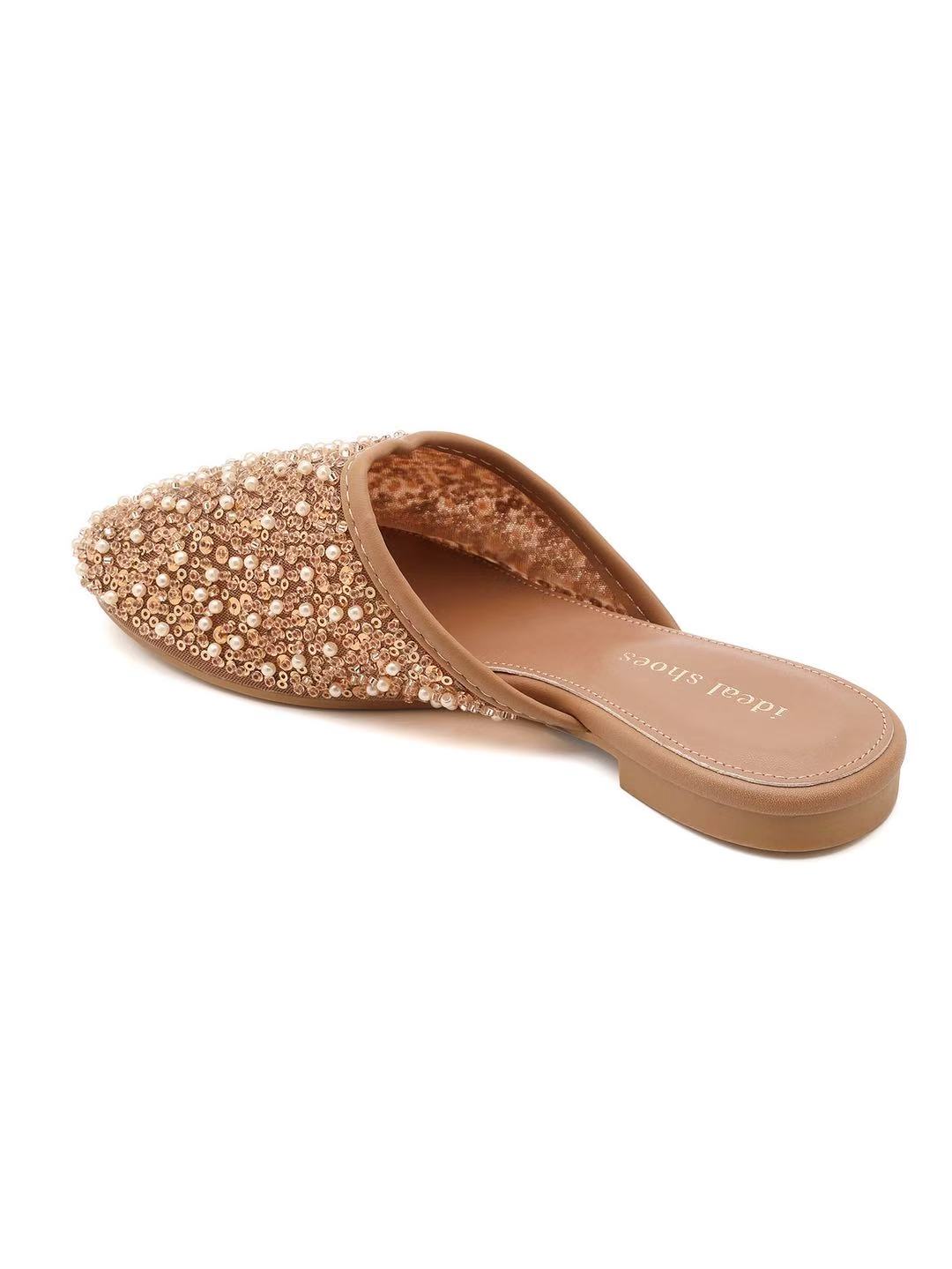 Babouche plate à tige pailletée et perlée - Beige - taille 37 - vue 8