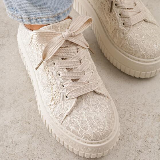 Baskets décorée de paillettes et de dentelle - Blanc - taille 40 - vue 11