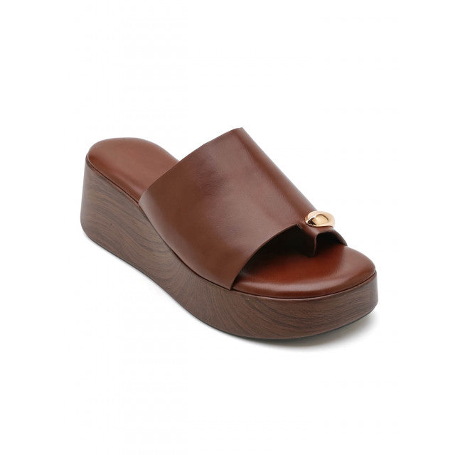 Mule Compensée en Cuir Camel avec Détail Doré - Camel - taille 37 - vue 8
