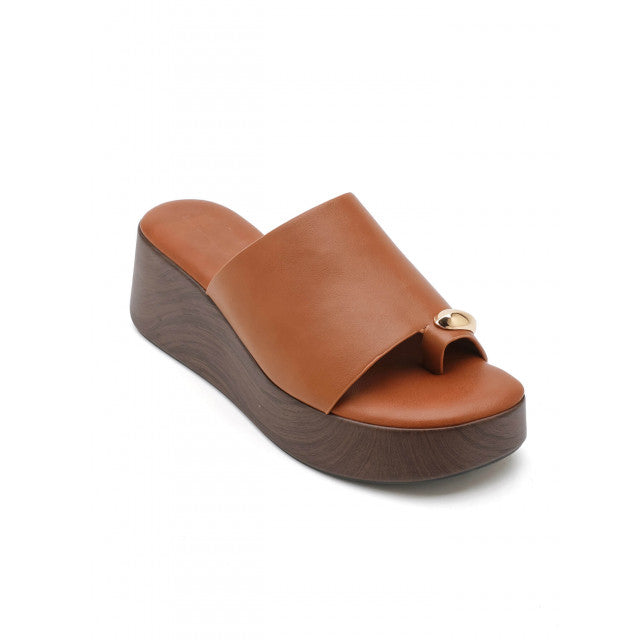 Mule Compensée en Cuir Camel avec Détail Doré - Camel - taille 40 - vue 11