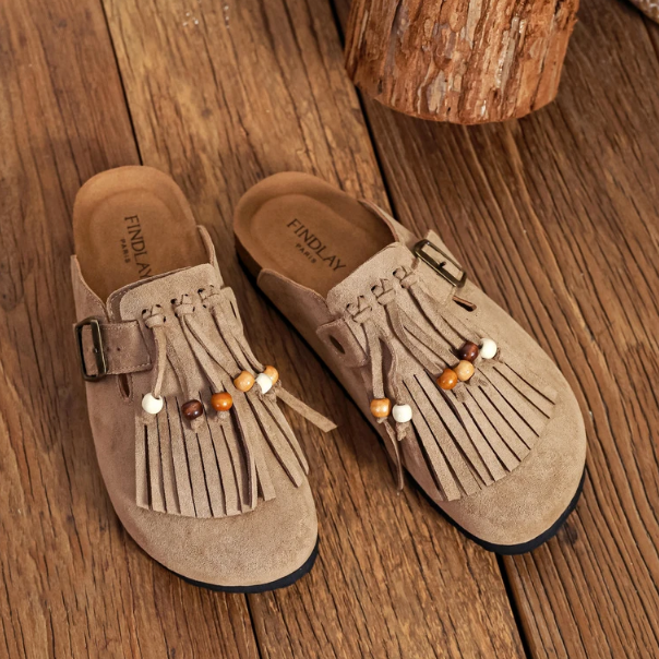 Sabot en textile avec franges et perles - Kaki - taille 36 - vue 7