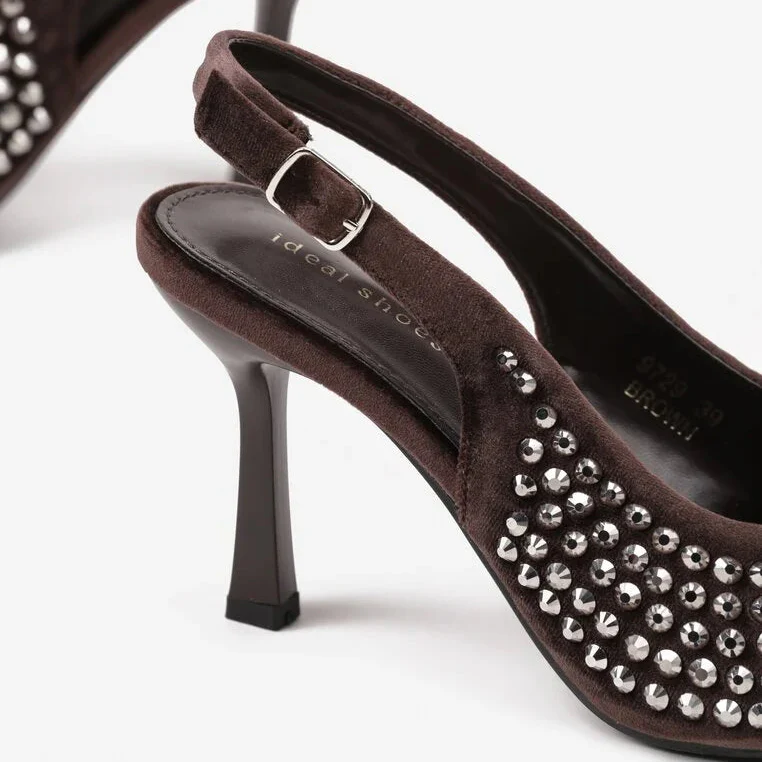 Escarpins à bride arrière avec zircons - Brown - taille 41