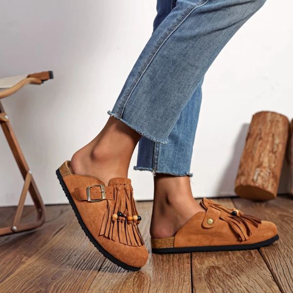 Sabot en textile avec franges et perles - Kaki - taille 37 - vue 8