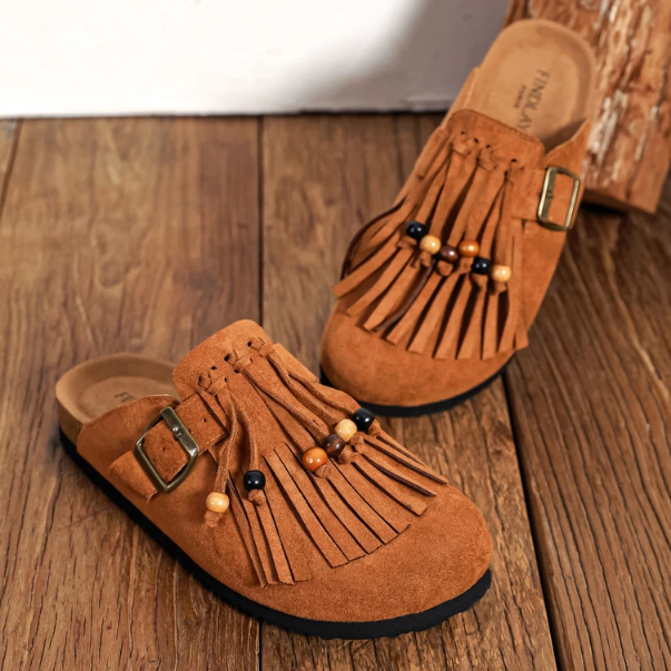 Sabot en textile avec franges et perles - Kaki - taille 38 - vue 9