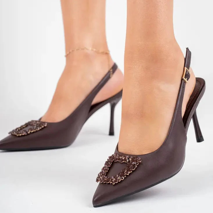 Escarpin à talons hauts avec boucle en zircon cubique en forme d'étoile - Marron - taille 36 - vue 7