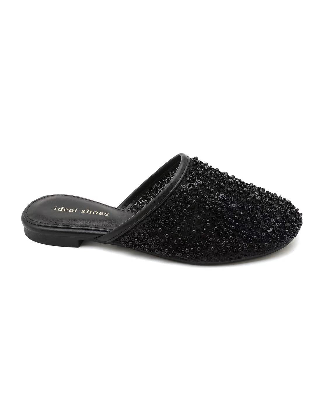 Babouche plate à tige pailletée et perlée - Noir - taille 41 - vue 6