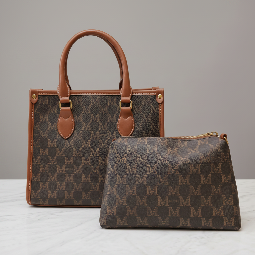 Ensemble Duo Chic : Sac à Main Cabas & Pochette assortie - Marron - vue 1