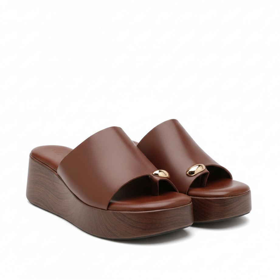 Mule Compensée en Cuir Camel avec Détail Doré - Camel - taille 36 - vue 7