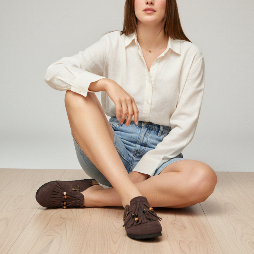 Sabot en textile avec franges et perles - Noir - taille 37 - vue 2
