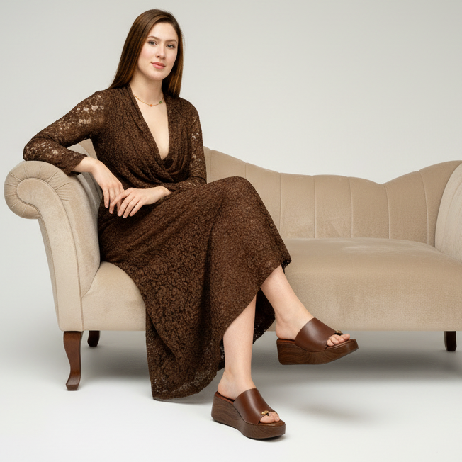 Mule Compensée en Cuir Camel avec Détail Doré - Noir - taille 37 - vue 2