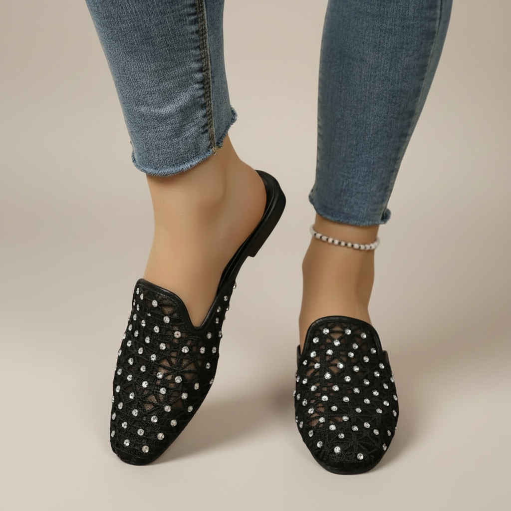 Babouche Plates en Dentelle à Strass - Noir - taille 36 - vue 1