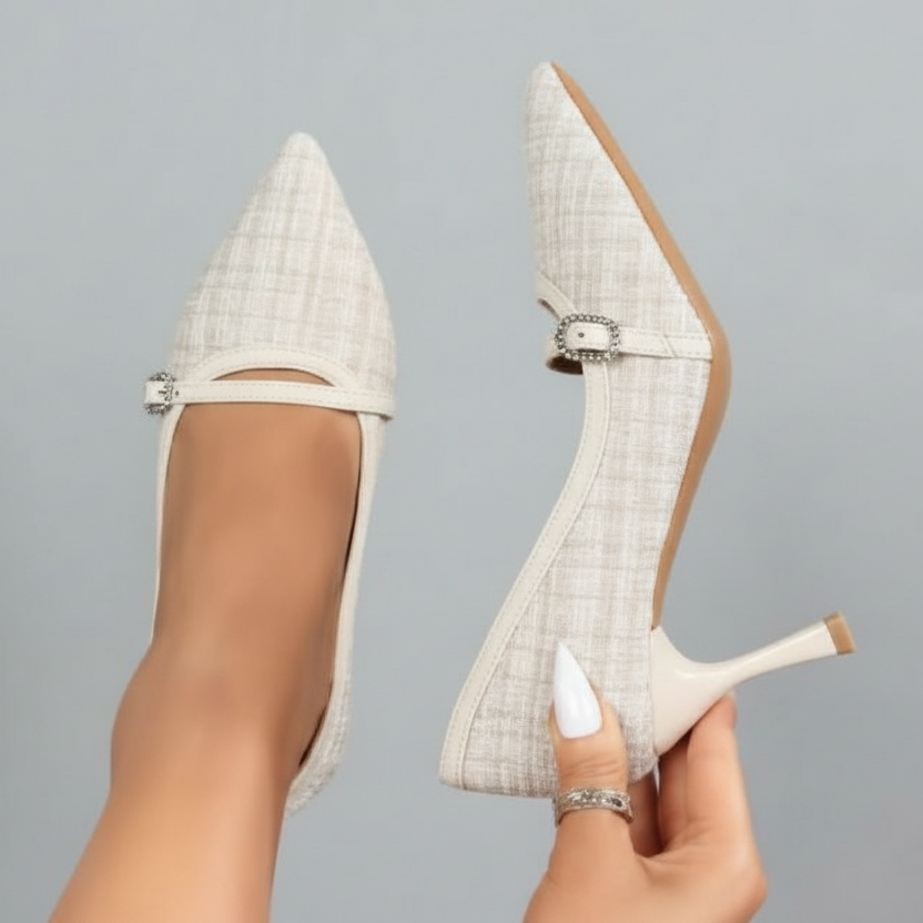 Escarpins femme élégants en tweed avec boucle strassée - Beige - taille 41 - vue 12