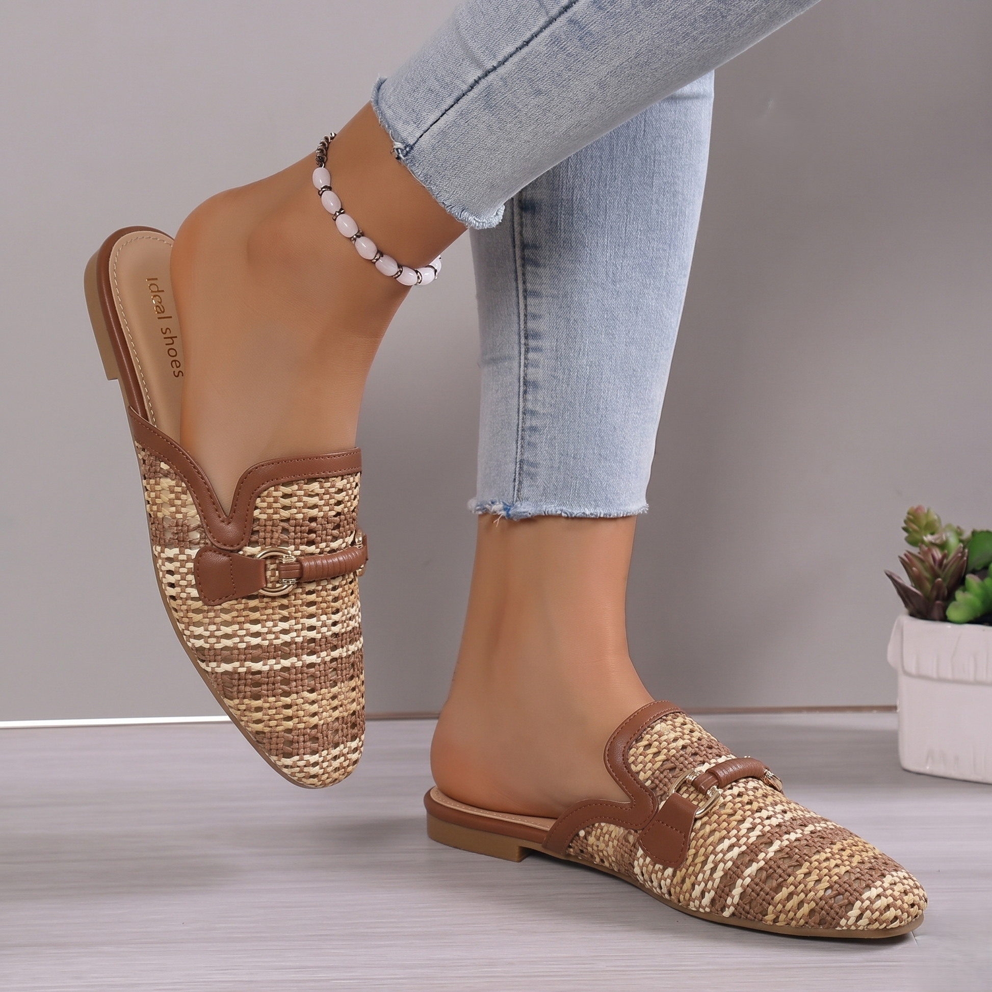 Babouche tressés avec fermoir décoratif, - Beige - taille 39 - vue 10