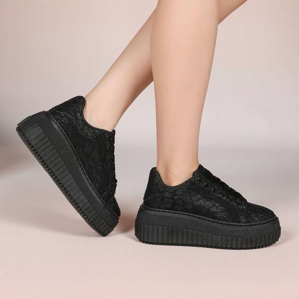 Baskets décorée de paillettes et de dentelle - Noir - taille 41 - vue 6