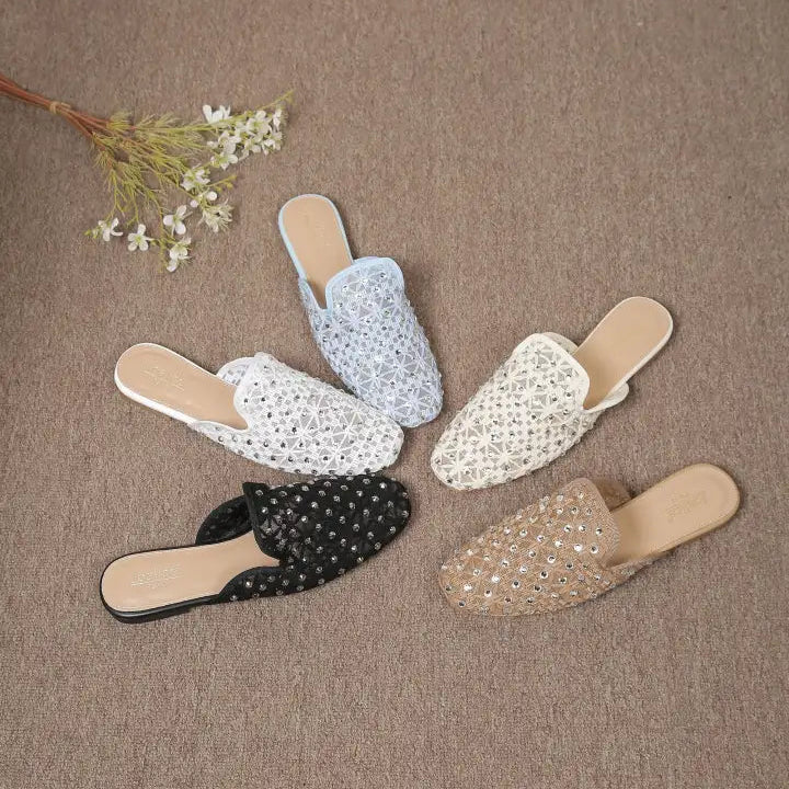 Babouche Plates en Dentelle à Strass - Beige - taille 37 - vue 8
