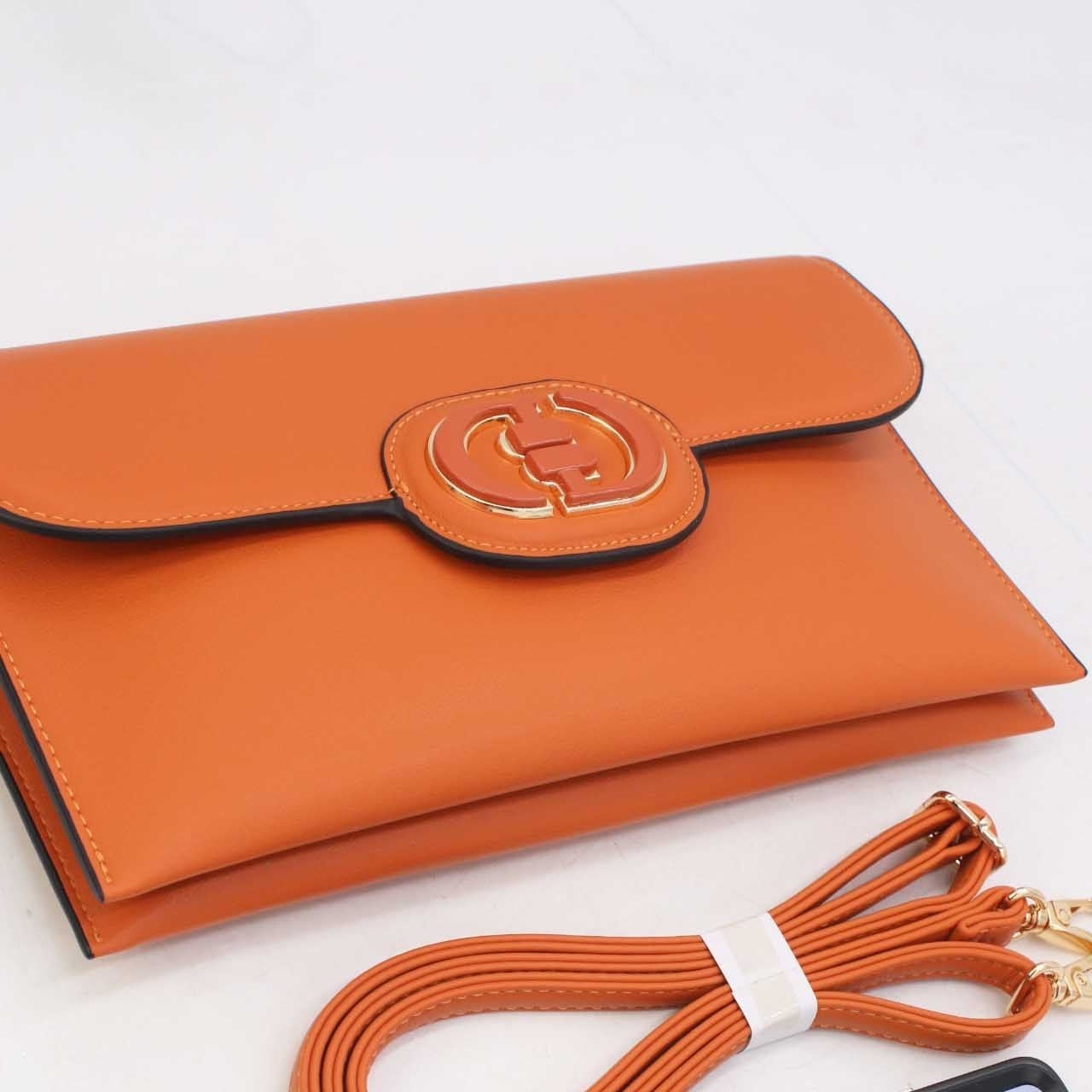 Pochette Rabat Argentée — Médaillon Signature & Chaîne - Orange